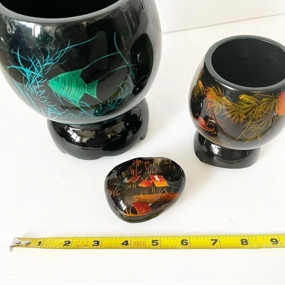 Black Lacquer Footed Wooden Bowl Boat Koi Iridescent Blue Paperweight Vietnam 3x